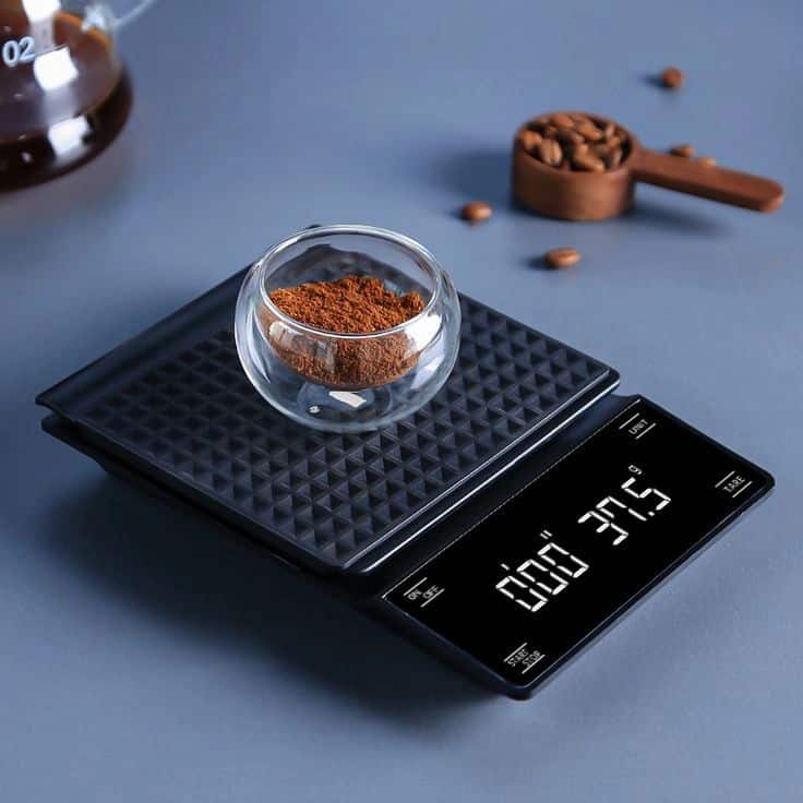 A digital coffee scale with timer for pour over brewing