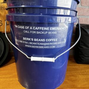 Berk's Beans blue First Responders Coffee Bucket - "In Case of a Caffeine Emergency, Call for Backup Beans"